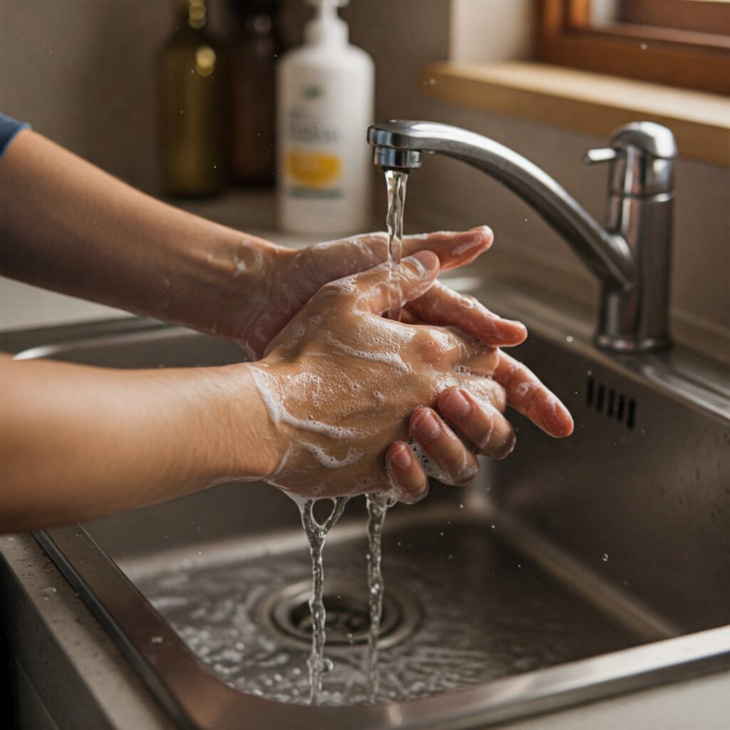 Hände werden unter fliessendem Wasser in einem Edelstahl-Waschbecken gewaschen.  Seifenschaum bedeckt die Hände.