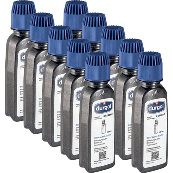 10er Set Geberit AquaClean Entkalkungsmittel Original 125ml Flaschen für Dusch-WCs in Verkaufsverpackung mit blauem Geberit Logo und Produktbeschriftung