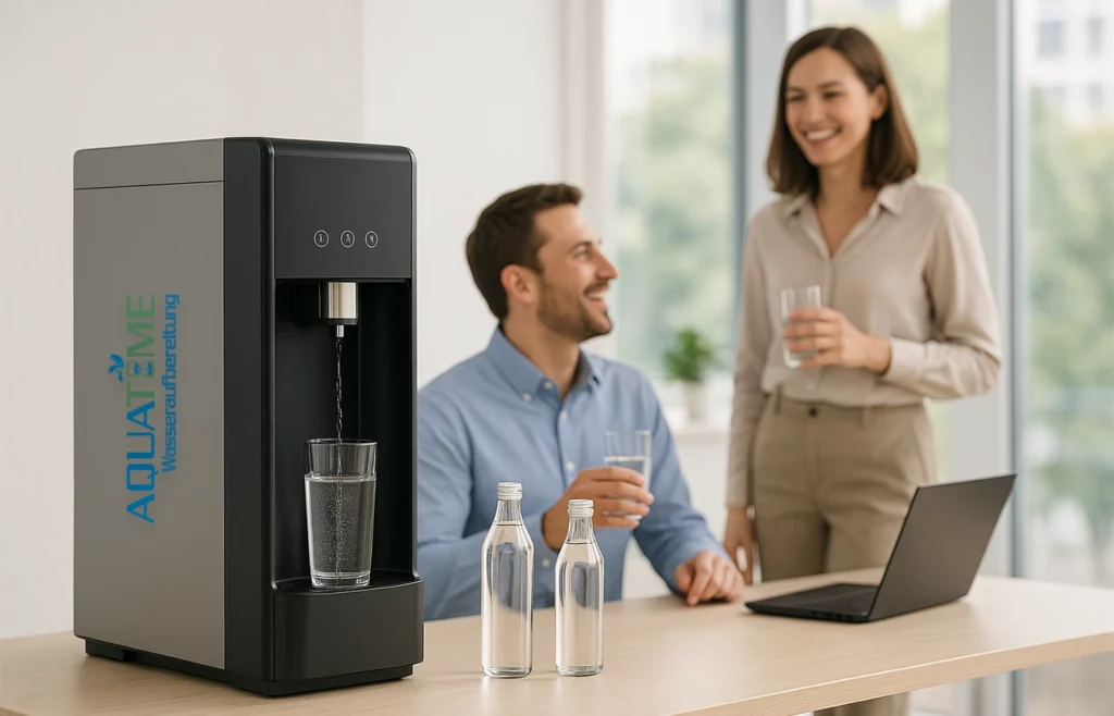 Moderner Wasserspender im Büro neben Glasflaschen mit lächelnden Mitarbeitenden im Hintergrund